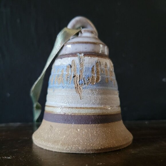 Vtg Studio Pottery Bell, Studio Pottery Christmas Ornament 3.125" Brown & Blue - Picture 3 of 6